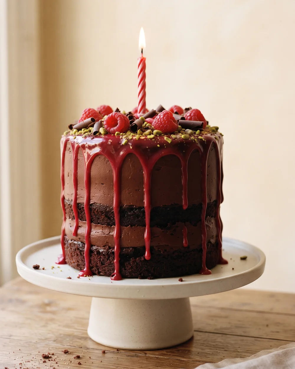 Bolo de chocolate com cobertura framboesa escorrendo, framboesas e uma vela acesa